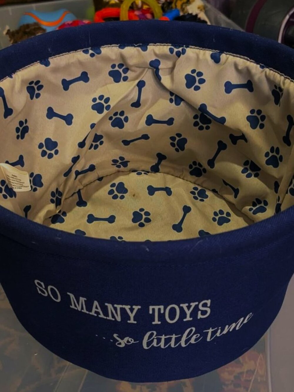 Top Paw medium size "So Many Toys So Little Time" fabric canvas dog toy basket
